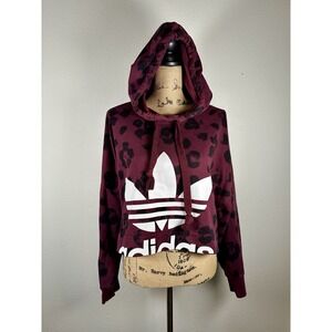 Adidas Big logo Burgundy/Black Leopard print cropped oversized Hoodie S